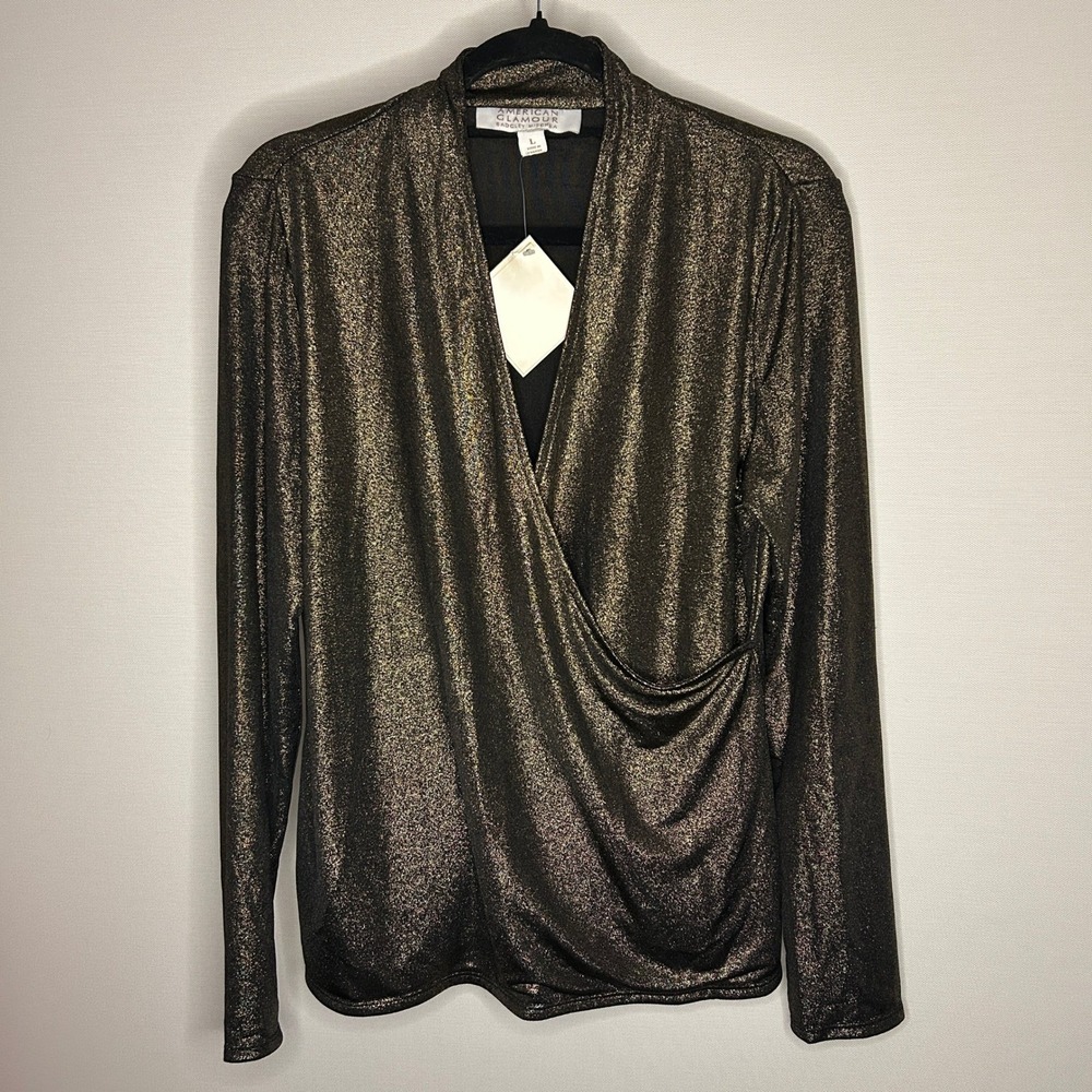 American Glamour Badgley Mischka Gold Metallic Faux Wrap Blouse L NWT Party NYE
